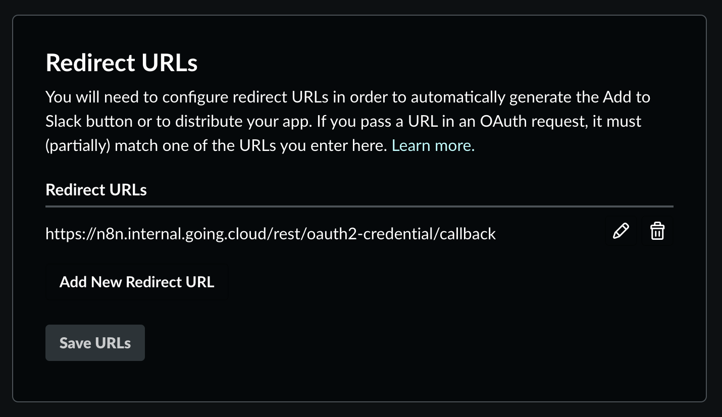 Redirect URL 填回 Slack app(在 OAuth & Permissions 下面)